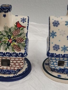 2 Kalich Ceramic Unikat Votive Houses With Plates / Blue Rim and Black Stamp